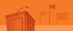Illustration of a podium and flags on an orange background